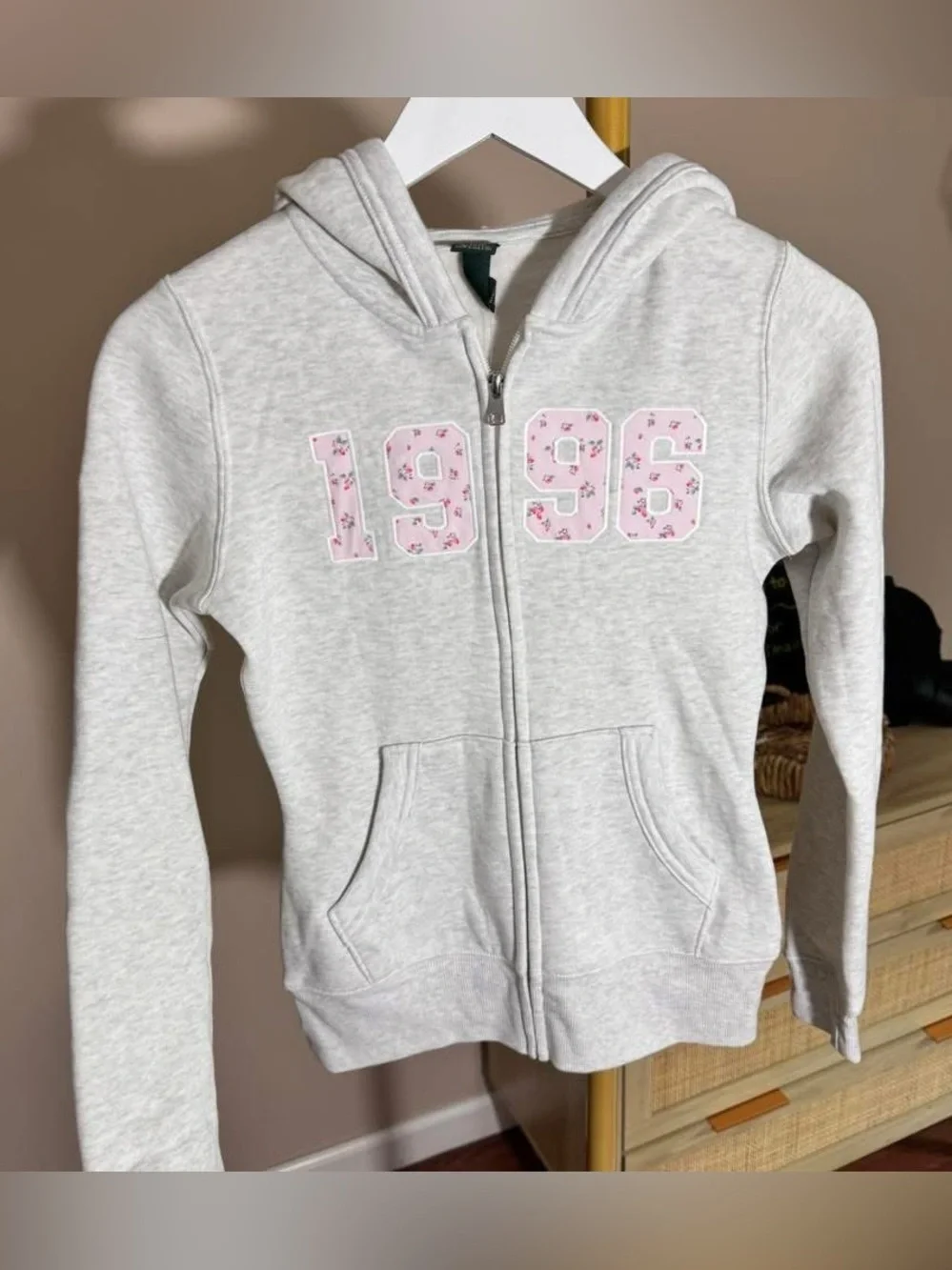 Wild Fable Light Heather Grey 1996 Pink Floral Zip Up Hoodie - Picture 2 of 4